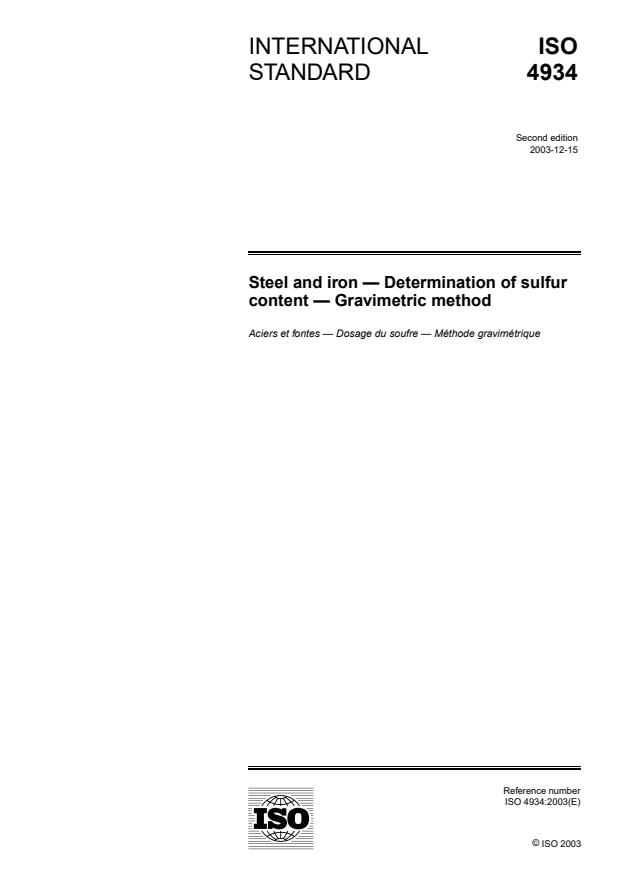 ISO 4934:2003 - Steel and iron -- Determination of sulfur content -- Gravimetric method