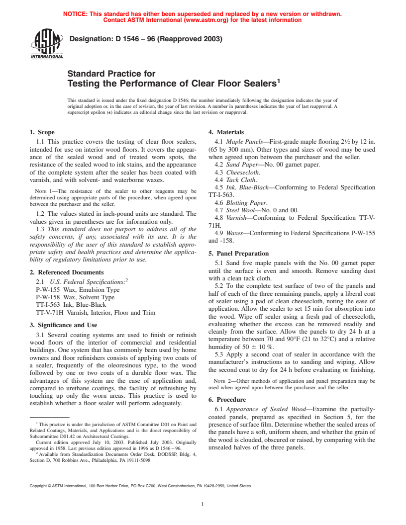 ASTM D1546-96(2003) - Standard Practice for Testing the Performance of Clear Floor Sealers (Withdrawn 2008)