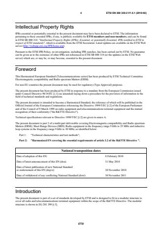SIST EN 300 330-2 V1.5.1:2010 ETSI EN 300 330-2 V1.5.1 (2010-02) - Electromagnetic compatibility and Radio spectrum Matters (ERM); Short Range Devices (SRD); Radio equipment in the frequency range 9 kHz to 25 MHz and inductive loop systems in the frequency range 9 kHz to 30 MHz; Part 2: Harmonized EN covering the essential requirements of article 3.2 of the R&TTE Directive - Page 4 preview