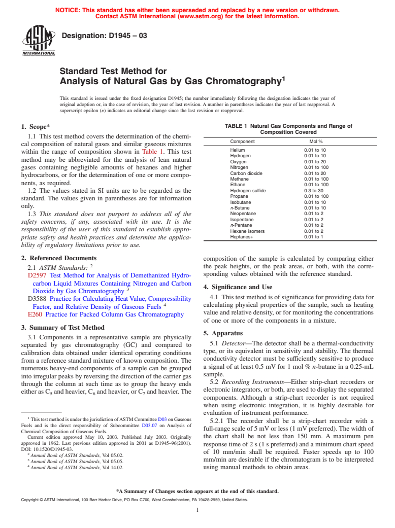 ASTM D1945-03 - Standard Test Method for Analysis of Natural Gas by Gas Chromatography