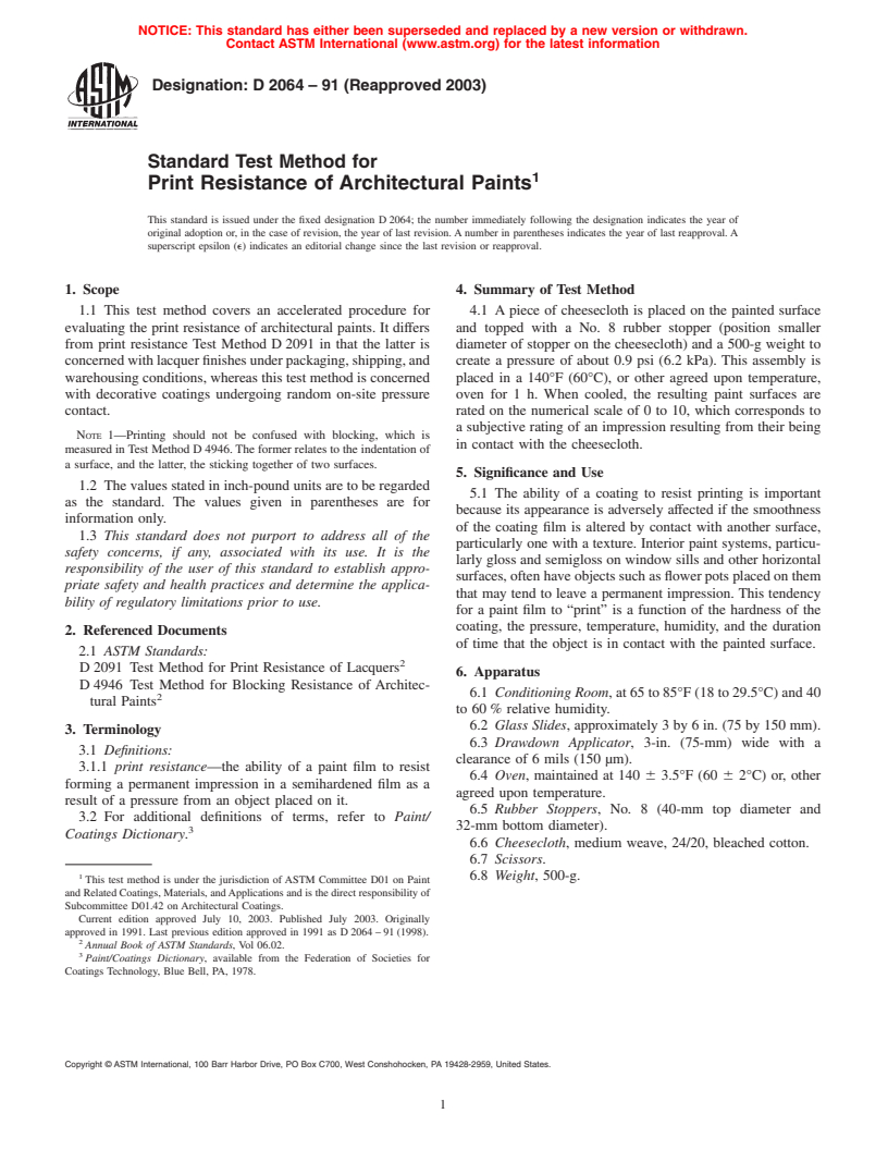 ASTM D2064-91(2003) - Standard Test Method for Print Resistance of Architectural Paints