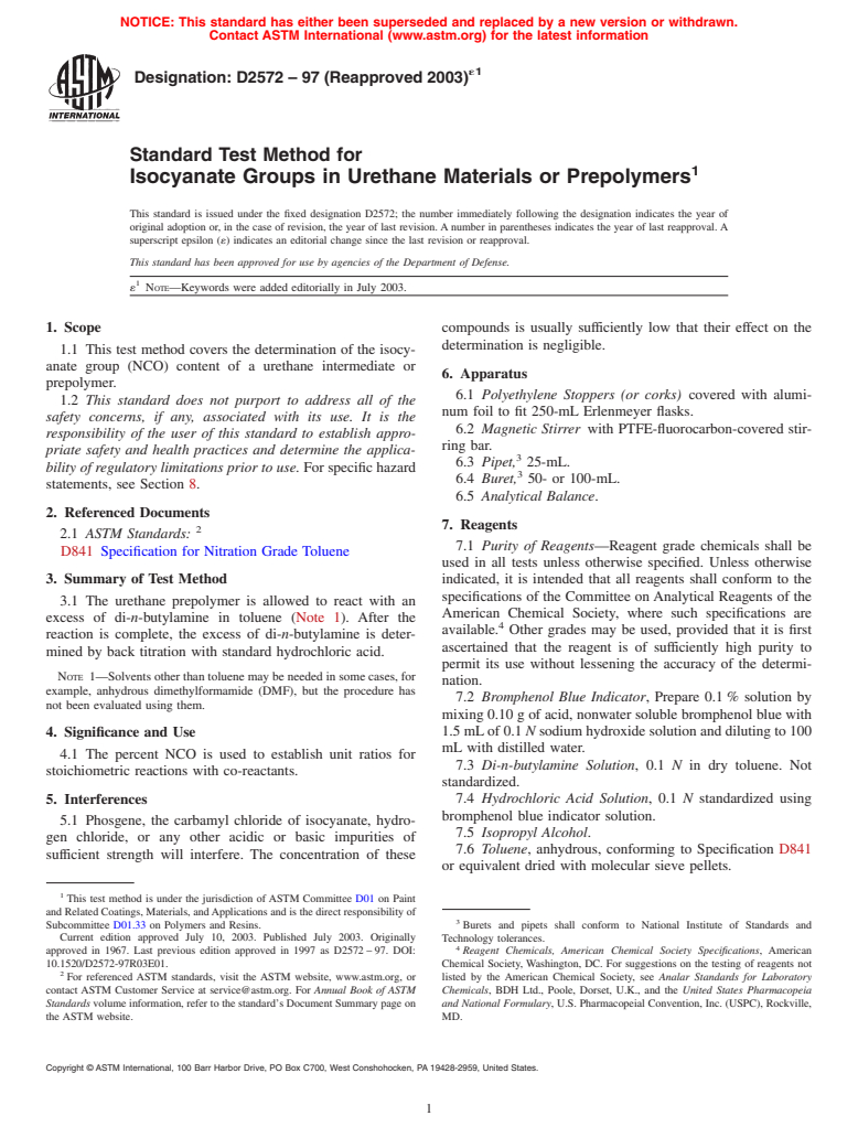 ASTM D2572-97(2003)e1 - Standard Test Method for Isocyanate Groups in Urethane Materials or Prepolymers