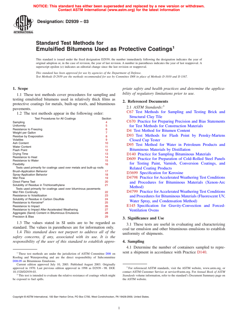 ASTM D2939-03 - Standard Test Methods for Emulsified Bitumens Used as Protective Coatings (Withdrawn 2012)