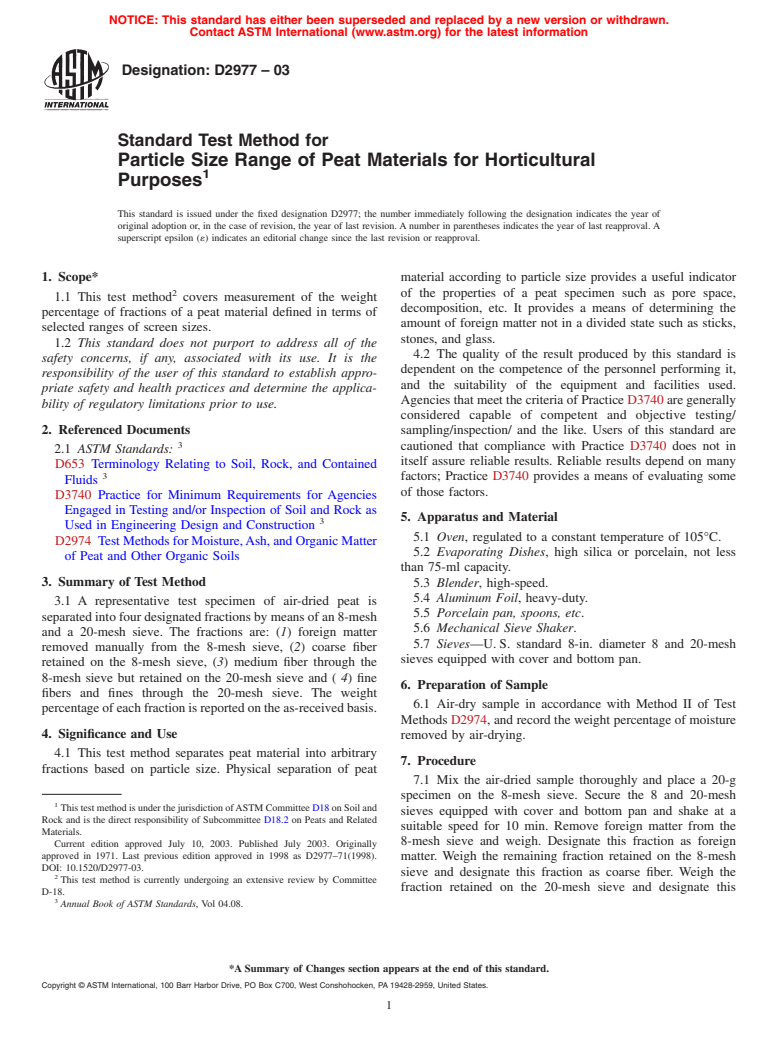 ASTM D2977-03 - Standard Test Method for Particle Size Range of Peat Materials for Horticultural Purposes (Withdrawn 2012)