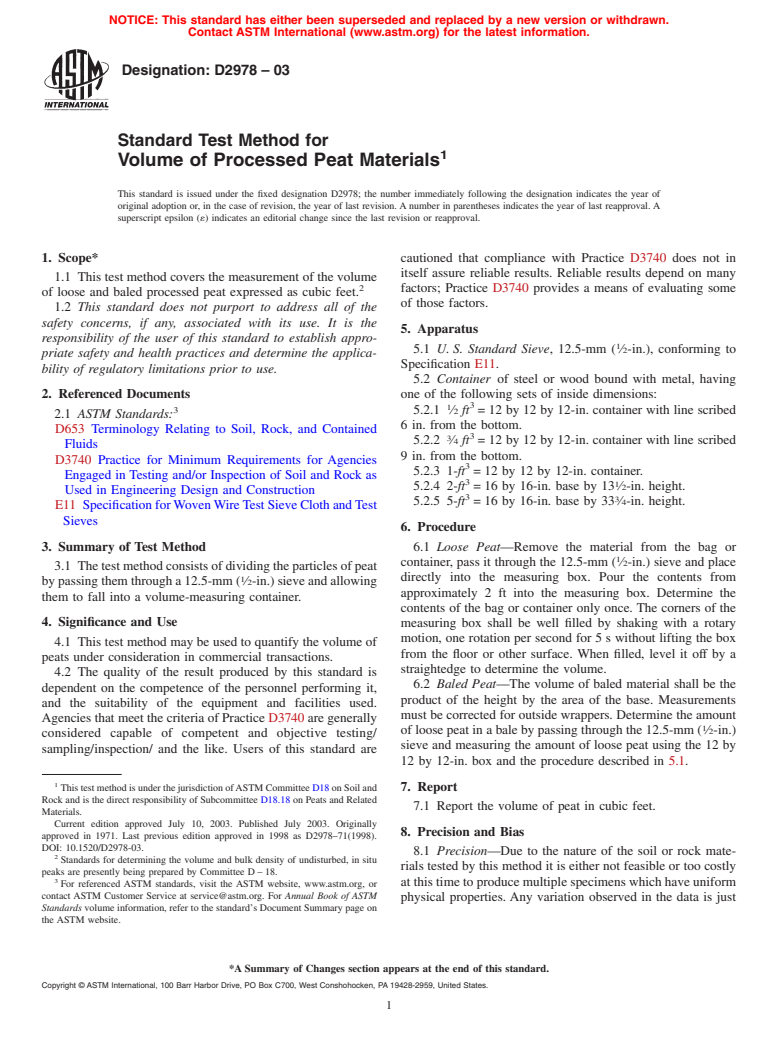 ASTM D2978-03 - Standard Test Method for Volume of Processed Peat Materials