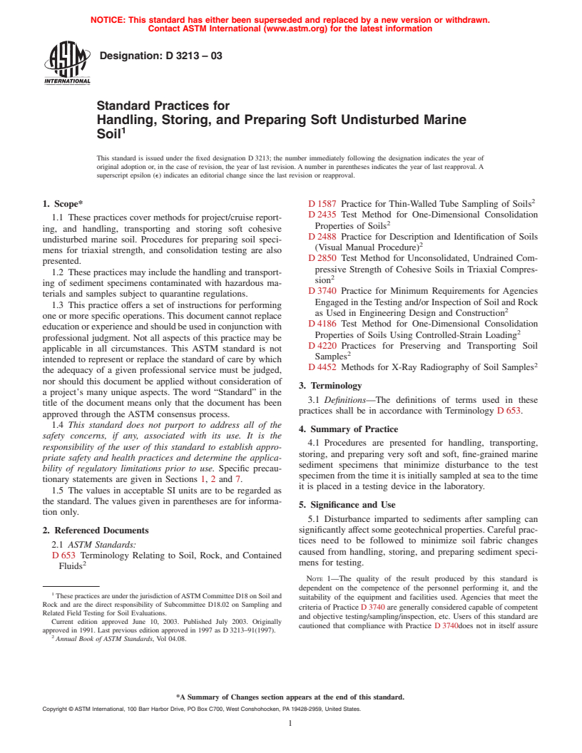 ASTM D3213-03 - Standard Practices for Handling, Storing, and Preparing Soft Undisturbed Marine Soil