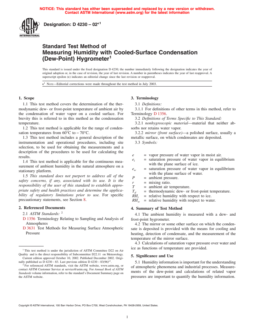 ASTM D4230-02e1 - Standard Test Method of Measuring Humidity with Cooled-Surface Condensation (Dew-Point) Hygrometer