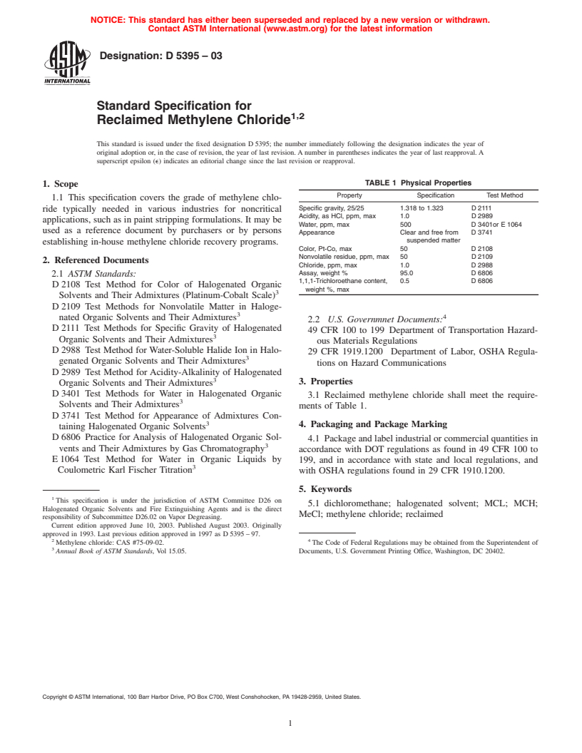 ASTM D5395-03 - Standard Specification for Reclaimed Methylene Chloride