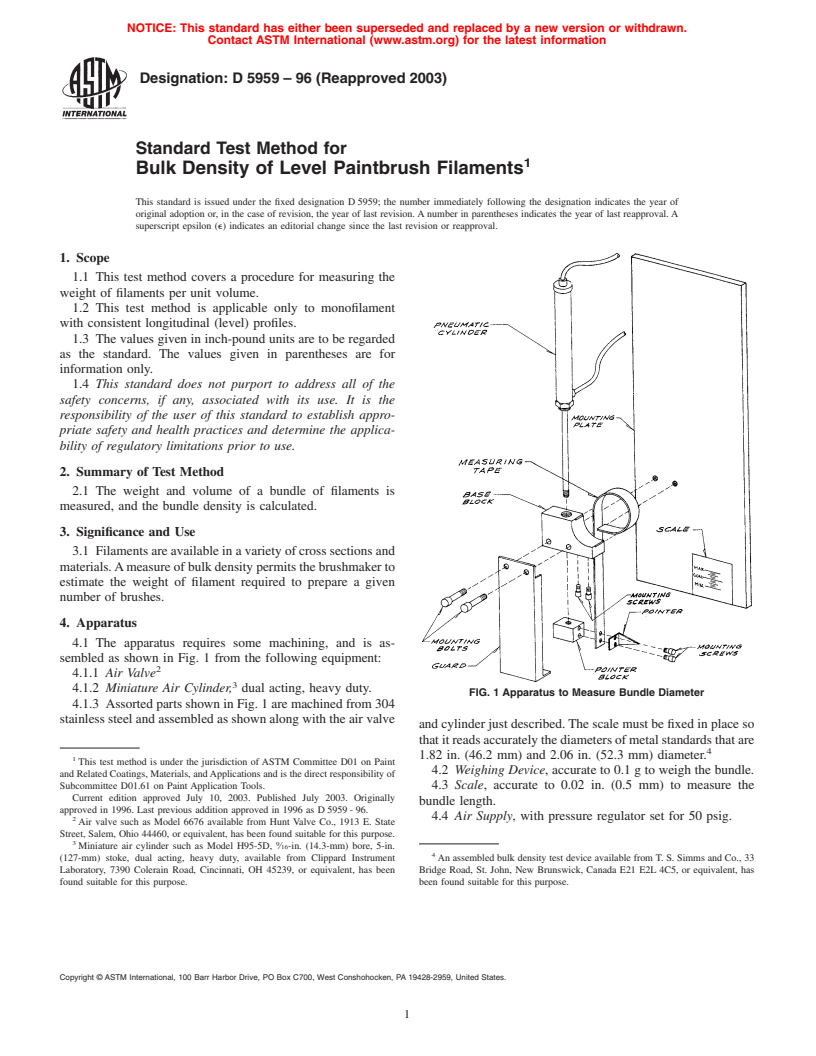 ASTM D5959-96(2003) - Standard Test Method for Bulk Density of Level Paintbrush Filaments
