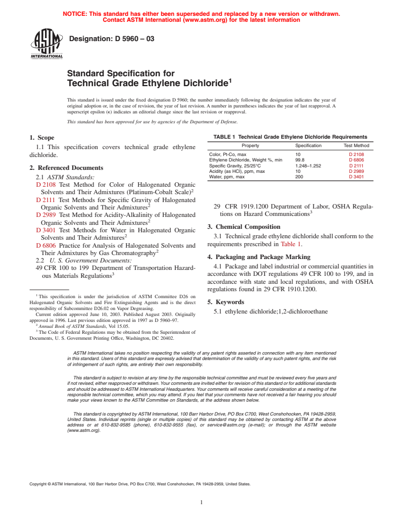 ASTM D5960-03 - Standard Specification for Technical Grade Ethylene Dichloride