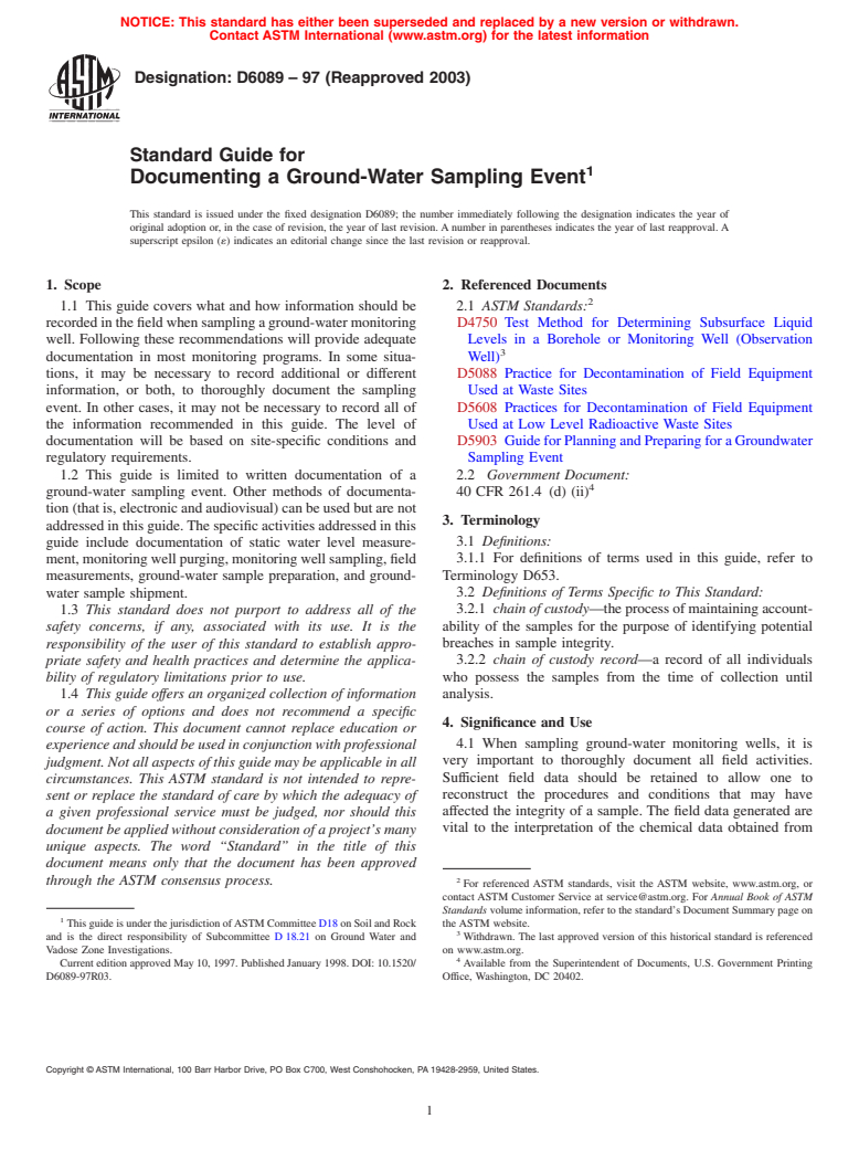 ASTM D6089-97(2003) - Standard Guide for Documenting a Ground-Water Sampling Event