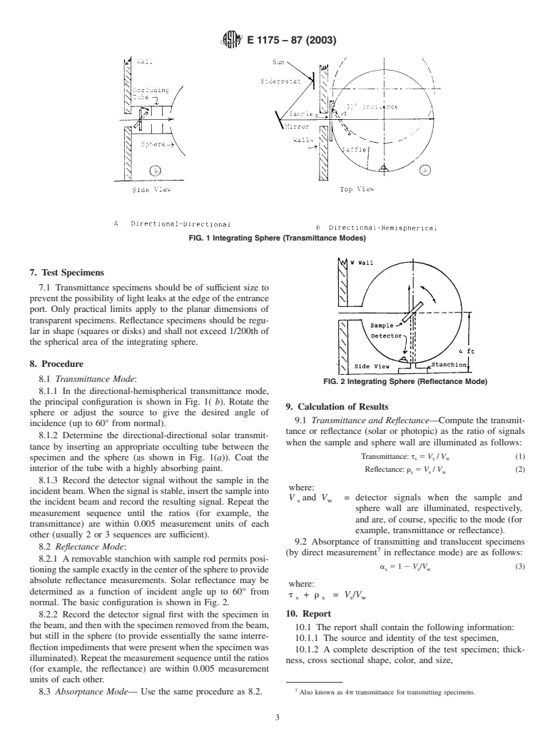 ASTM E1175-87(2003) - Standard Test Method for Determining Solar or Photopic Reflectance, Transmittance, and Absorptance of Materials Using a Large Diameter Integrating Sphere