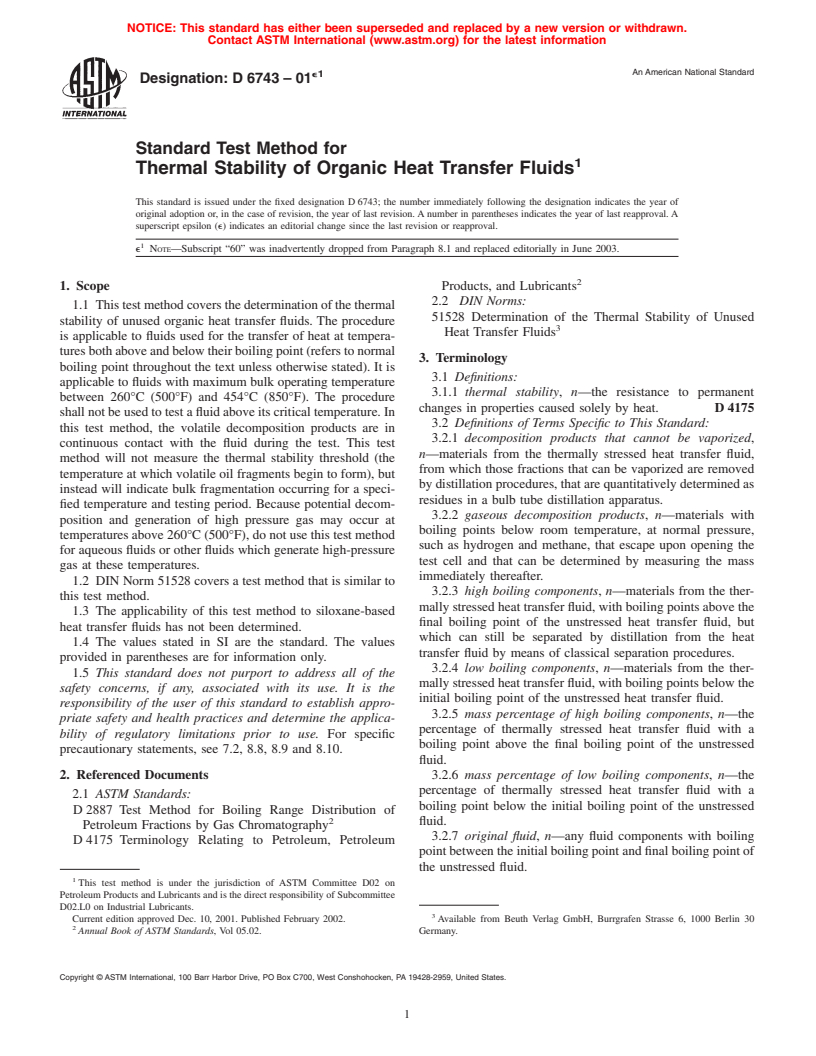 ASTM D6743-01e1 - Standard Test Method for Thermal Stability of Organic Heat Transfer Fluids