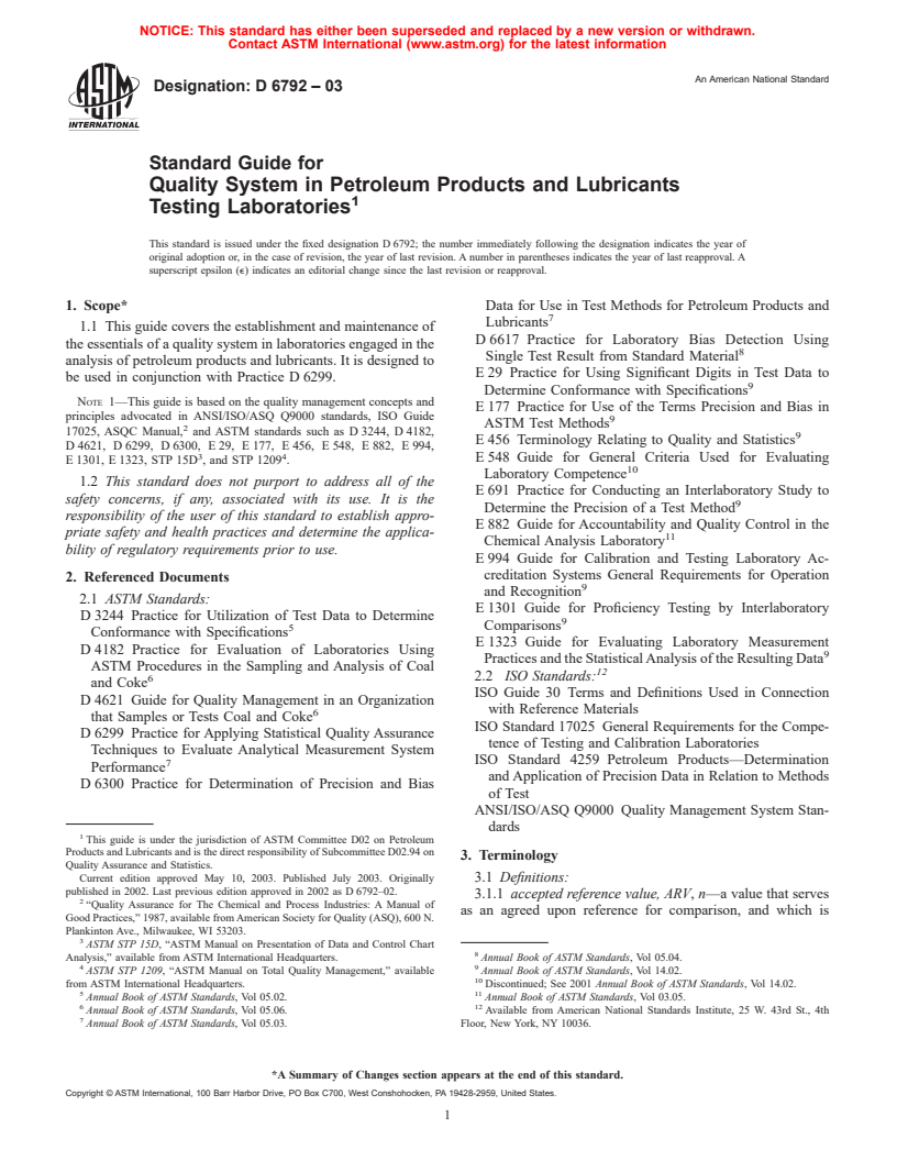 ASTM D6792-03 - Standard Guide for Quality System in Petroleum Products and Lubricants Testing Laboratories