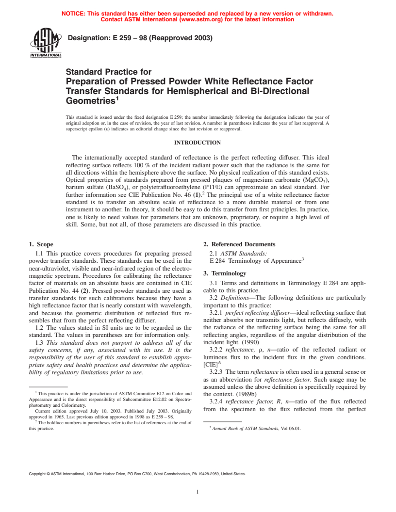 ASTM E259-98(2003) - Standard Practice for Preparation of Pressed Powder White Reflectance Factor Transfer Standards for Hemispherical and Bi-Directional Geometries