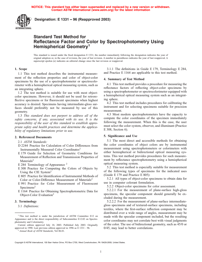 ASTM E1331-96(2003) - Standard Test Method for Reflectance Factor and Color by Spectrophotometry Using Hemispherical Geometry