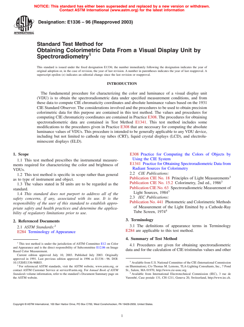 ASTM E1336-96(2003) - Standard Test Method for Obtaining Colorimetric Data From a Visual Display Unit by Spectroradiometry