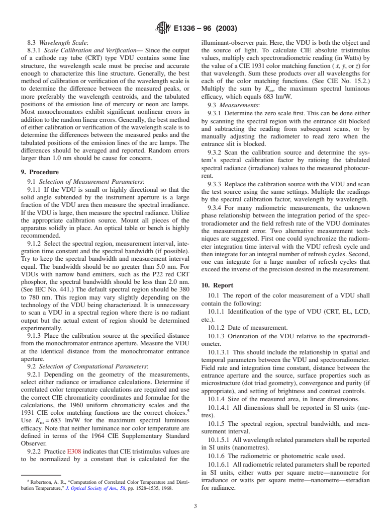 ASTM E1336-96(2003) - Standard Test Method for Obtaining Colorimetric Data From a Visual Display Unit by Spectroradiometry