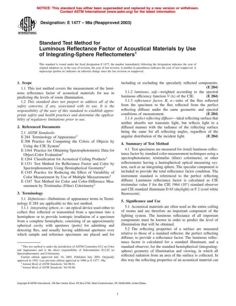 ASTM E1477-98a(2003) - Standard Test Method for Luminous Reflectance Factor of Acoustical Materials by Use of Integrating-Sphere Reflectometers