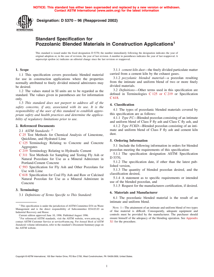 ASTM D5370-96(2002) - Standard Specification for Pozzolanic Blended Materials in Construction Applications