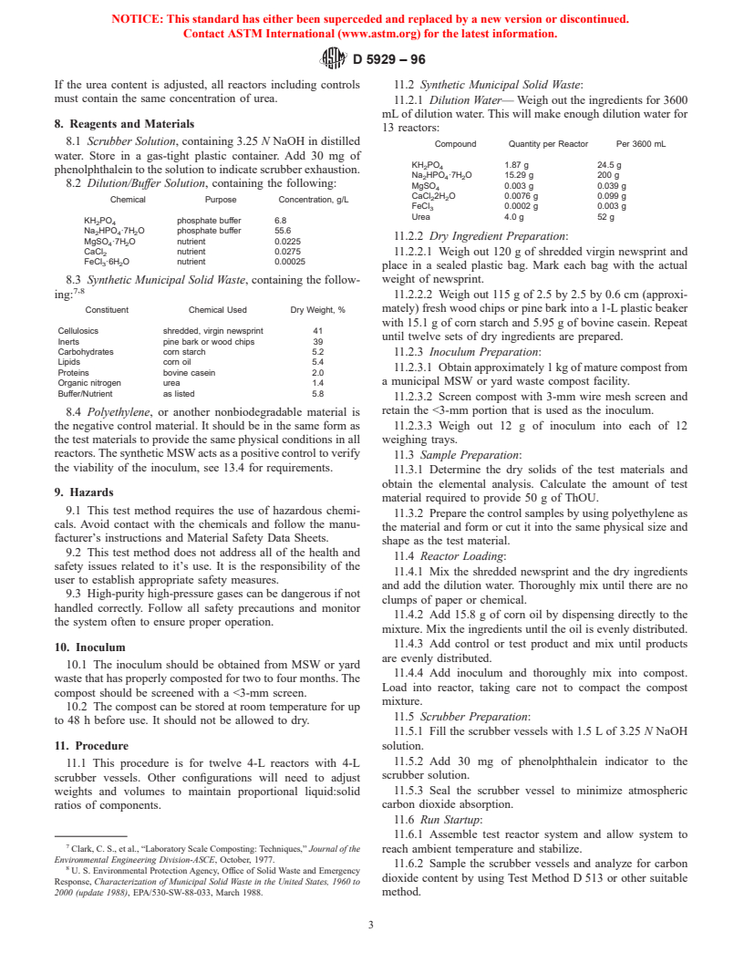 ASTM D5929-96 - Standard Test Method for Determining Biodegradability of Materials Exposed to Municipal Solid Waste Composting Conditions by Compost Respirometry