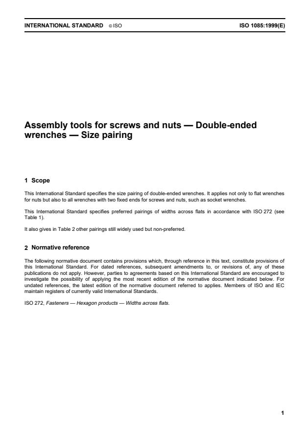 ISO 1085:1999 - Assembly tools for screws and nuts -- Double-ended wrenches -- Size pairing