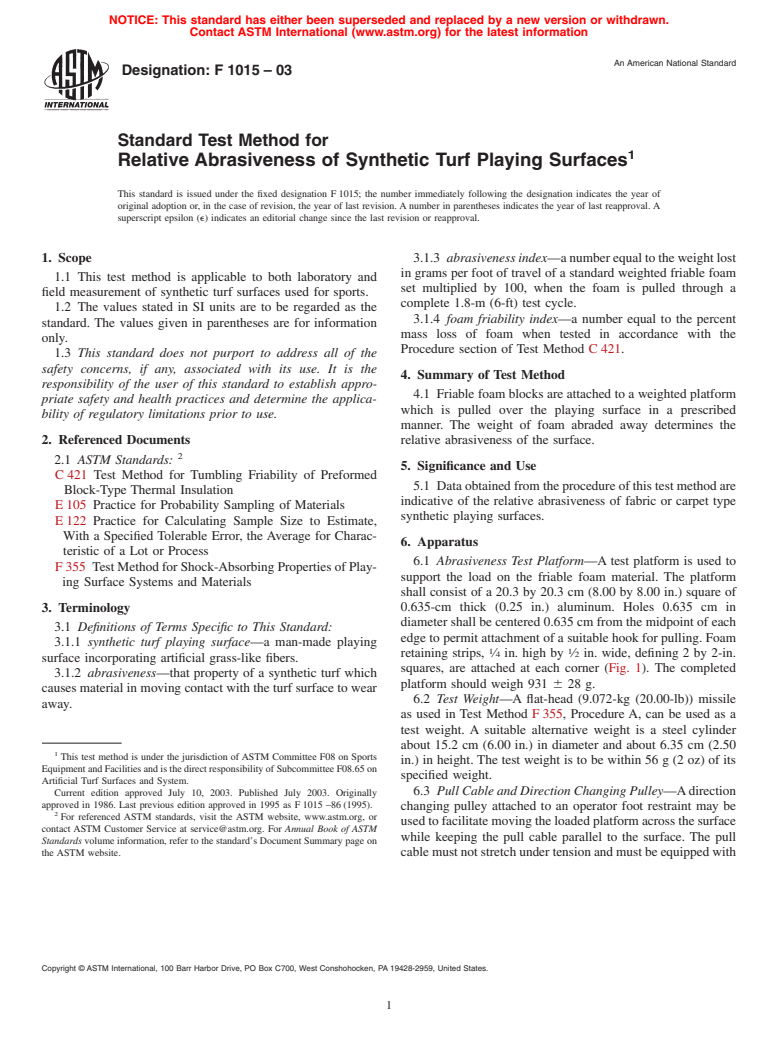 ASTM F1015-03 - Standard Test Method for Relative Abrasiveness of Synthetic Turf Playing Surfaces