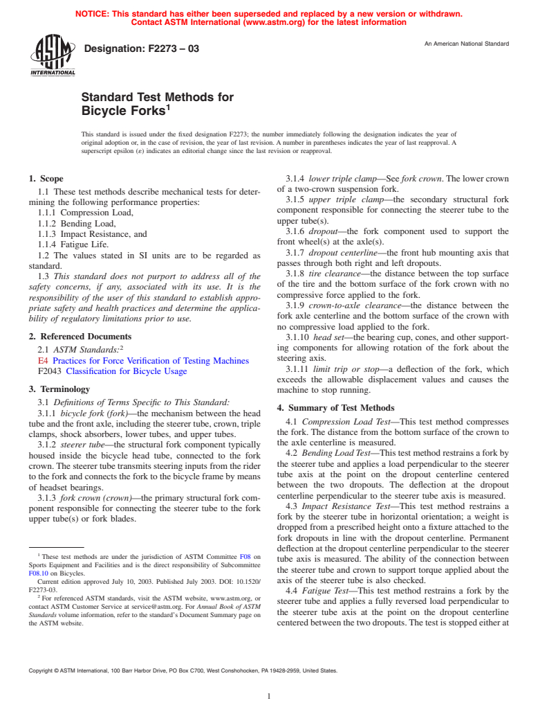 ASTM F2273-03 - Standard Test Methods for Bicycle Forks