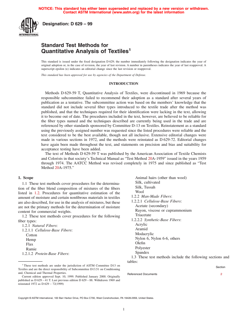 ASTM D629-99 - Standard Test Methods for Quantitative Analysis of Textiles