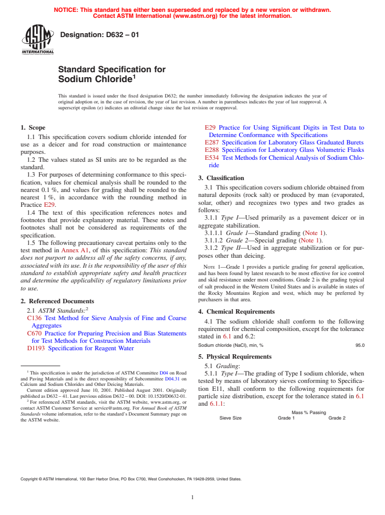 ASTM D632-01 - Standard Specification for Sodium Chloride (Withdrawn 2010)