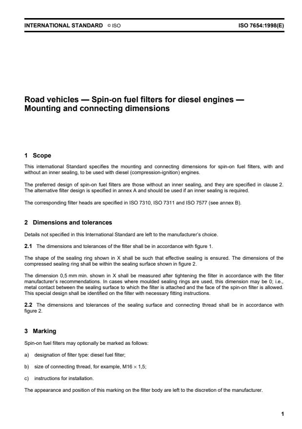 ISO 7654:1998 - Road vehicles -- Spin-on fuel filters for diesel engines -- Mounting and connecting dimensions