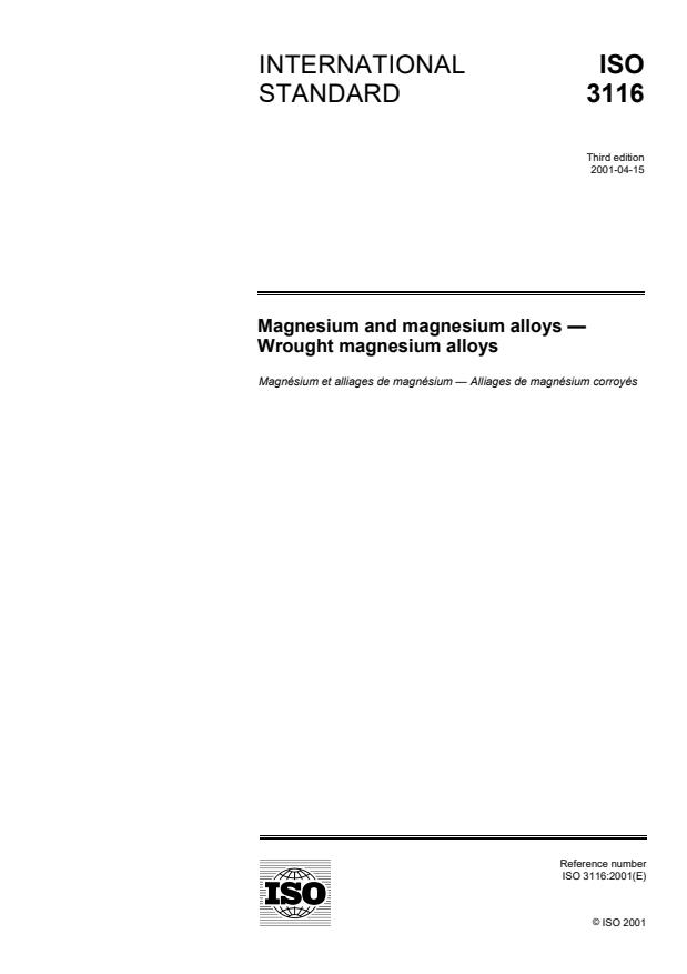 ISO 3116:2001 - Magnesium and magnesium alloys -- Wrought magnesium alloys