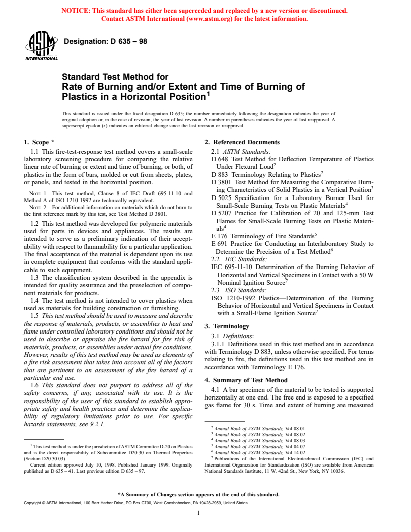 ASTM D635-98 - Standard Test Method for Rate of Burning and/or Extent and Time of Burning of Plastics in a Horizontal Position