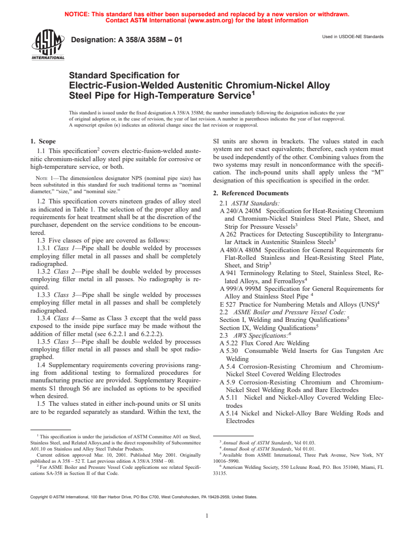ASTM A358/A358M-01 - Standard Specification for Electric-Fusion-Welded Austenitic Chromium-Nickel Alloy Steel Pipe for High-Temperature Service