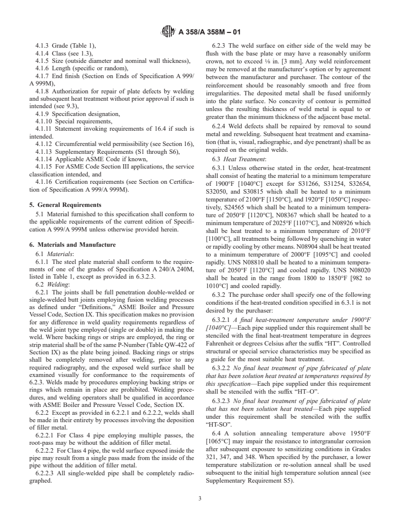 ASTM A358/A358M-01 - Standard Specification for Electric-Fusion-Welded Austenitic Chromium-Nickel Alloy Steel Pipe for High-Temperature Service