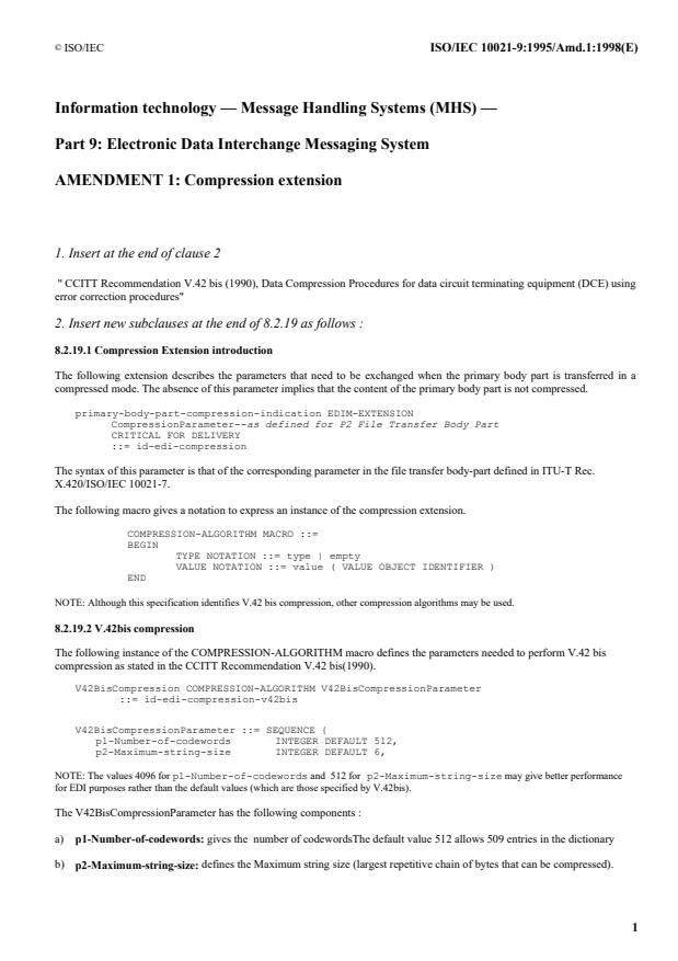 ISO/IEC 10021-9:1995/Amd 1:1998 - Compression extension