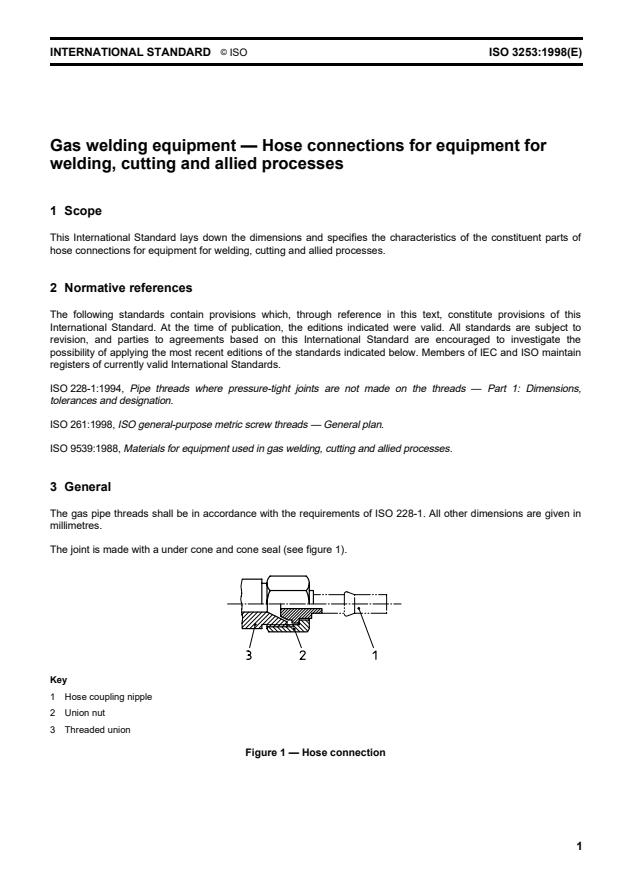 ISO 3253:1998 - Gas welding equipment -- Hose connections for equipment for welding, cutting and allied processes
