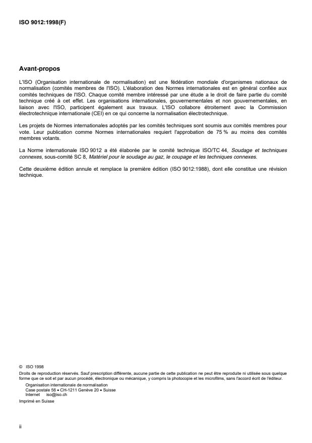 ISO 9012:1998 ISO 9012:1998 - Équipement de soudage aux gaz -- Chalumeaux manuels aéro-gaz a air aspiré -- Spécifications et essais - Page 2 preview