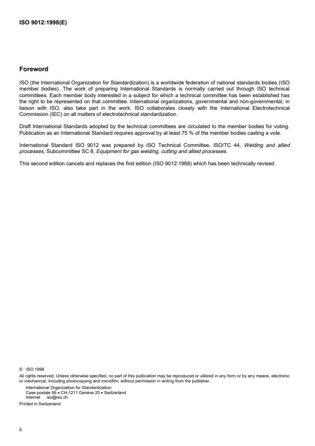 ISO 9012:1998 ISO 9012:1998 - Gas welding equipment -- Air-aspirated hand blowpipes -- Specifications and tests - Page 2 preview