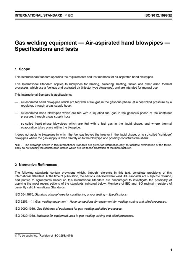 ISO 9012:1998 - Gas welding equipment -- Air-aspirated hand blowpipes -- Specifications and tests