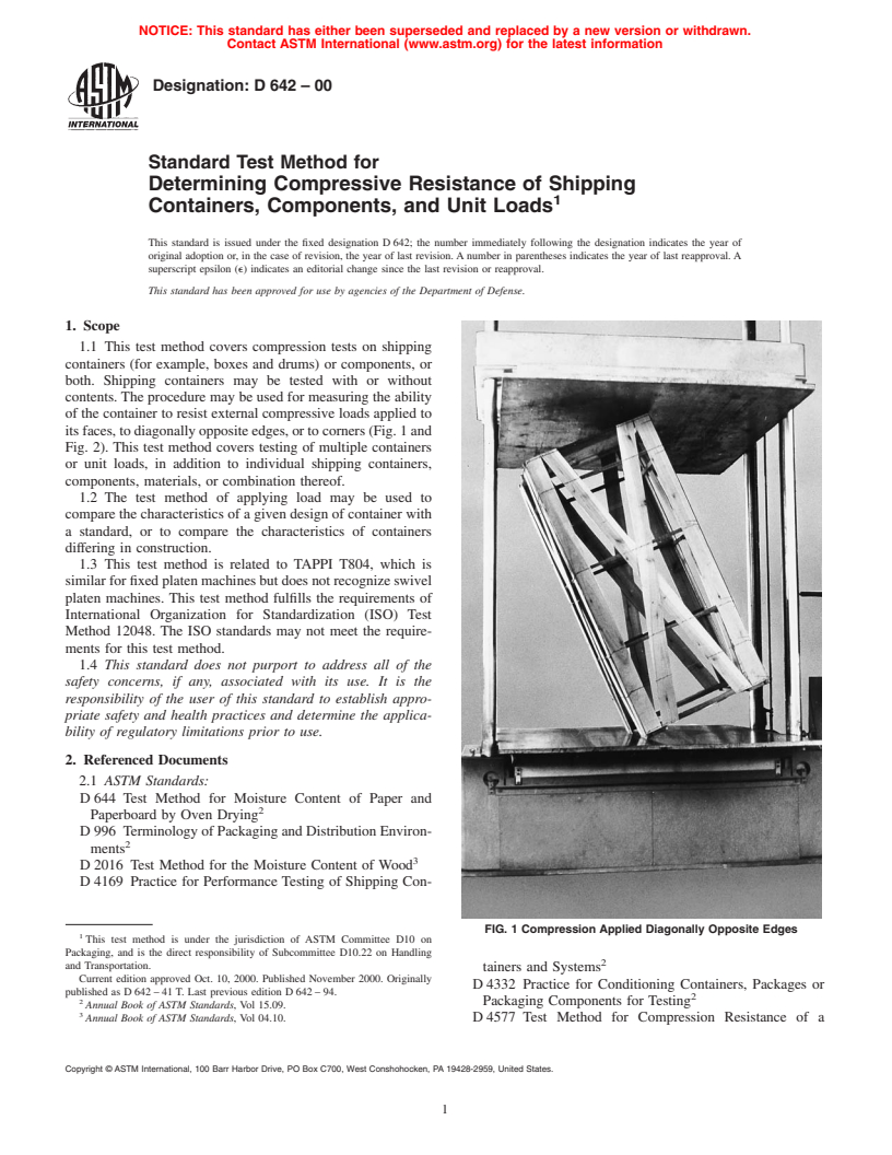 ASTM D642-00 - Standard Test Method for Determining Compressive Resistance of Shipping Containers, Components, and Unit Loads