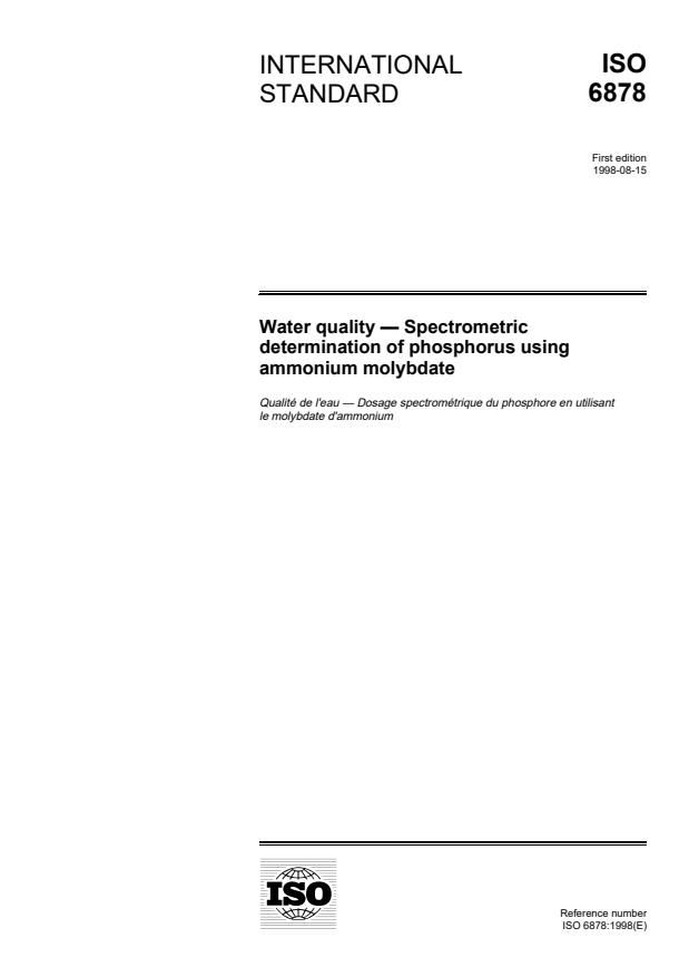 ISO 6878:1998 - Water quality -- Spectrometric determination of phosphorus using ammonium molybdate