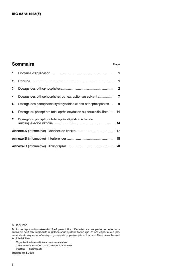 ISO 6878:1998 ISO 6878:1998 - Qualité de l'eau -- Dosage spectrométrique du phosphore en utilisant le molybdate d'ammonium - Page 2 preview