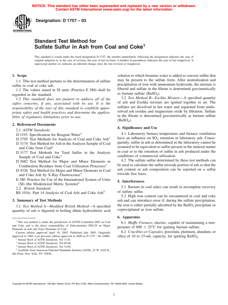 ASTM D1757-03 - Standard Test Method for Sulfate Sulfur in Ash from Coal and Coke (Withdrawn 2009)