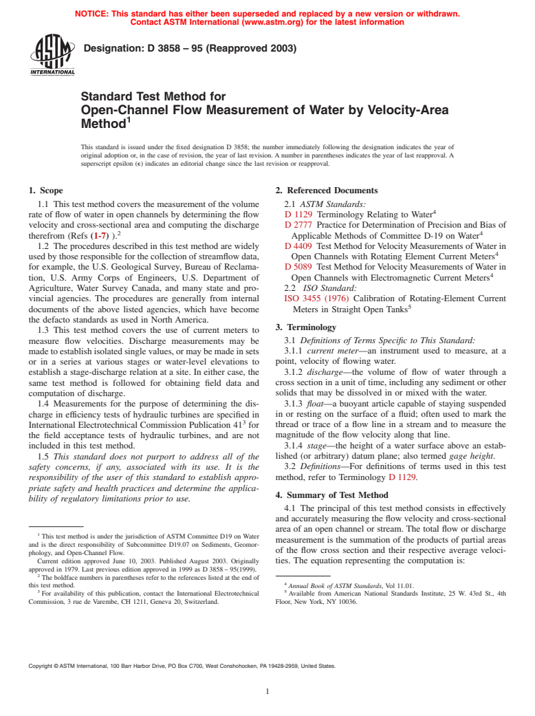 ASTM D3858-95(2003) - Standard Test Method for Open-Channel Flow Measurement of Water by Velocity-Area Method