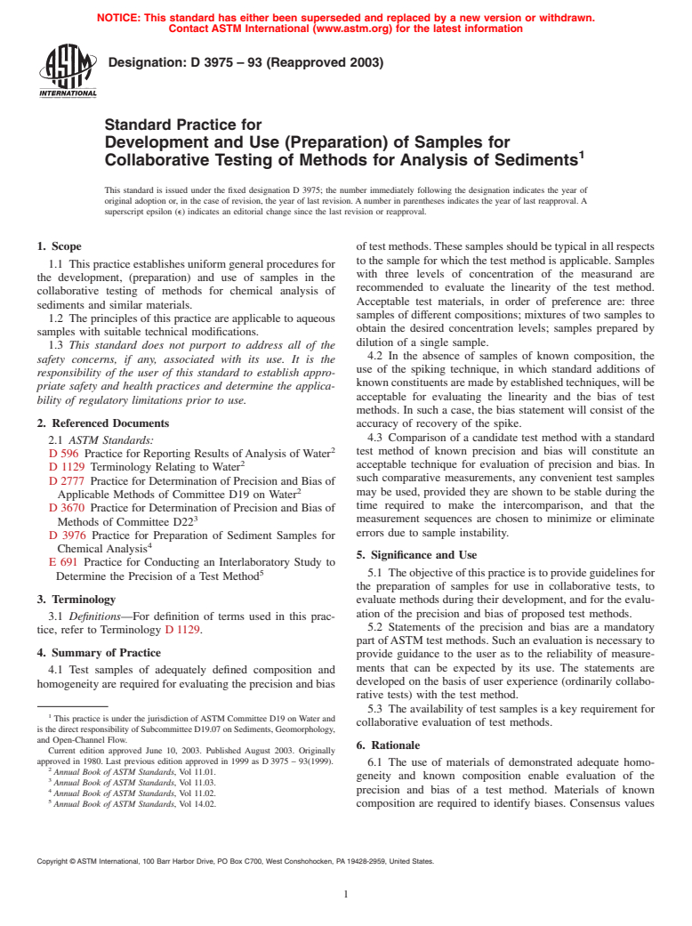 ASTM D3975-93(2003) - Standard Practice for Development and Use (Preparation) of Samples for Collaborative Testing of Methods for Analysis of Sediments