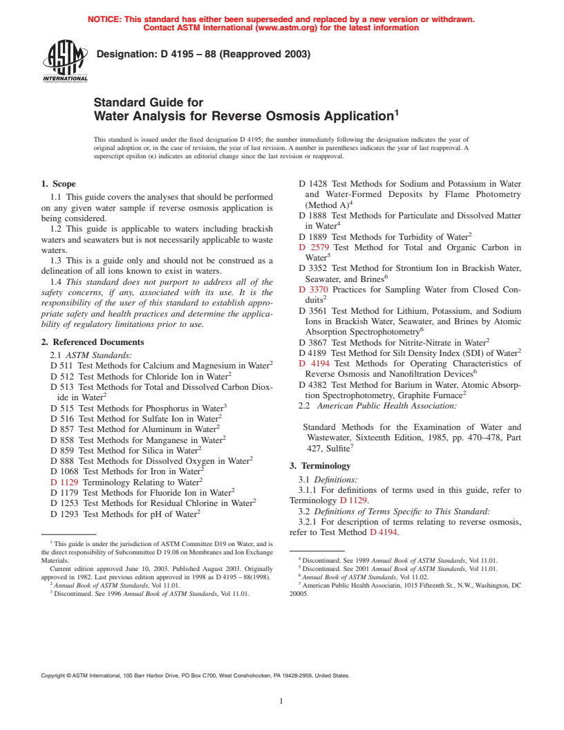 ASTM D4195-88(2003) - Standard Guide for Water Analysis for Reverse Osmosis Application