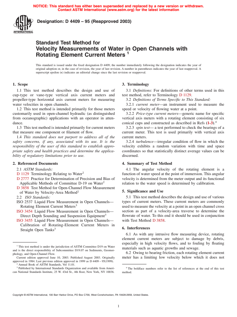 ASTM D4409-95(2003) - Standard Test Method for Velocity Measurements of Water in Open Channels with Rotating Element Current Meters