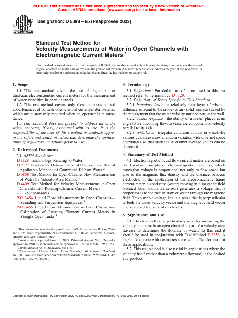 ASTM D5089-95(2003) - Standard Test Method for Velocity Measurements of Water in Open Channels with Electromagnetic Current Meters