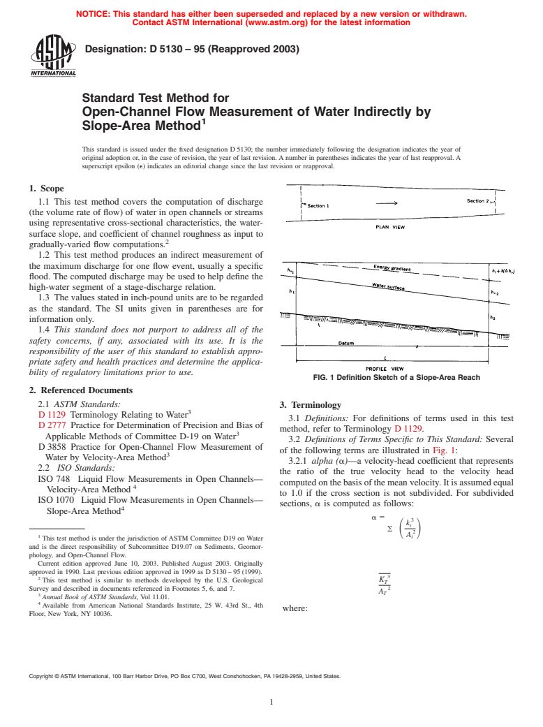 ASTM D5130-95(2003) - Standard Test Method for Open-Channel Flow Measurement of Water Indirectly by Slope-Area Method